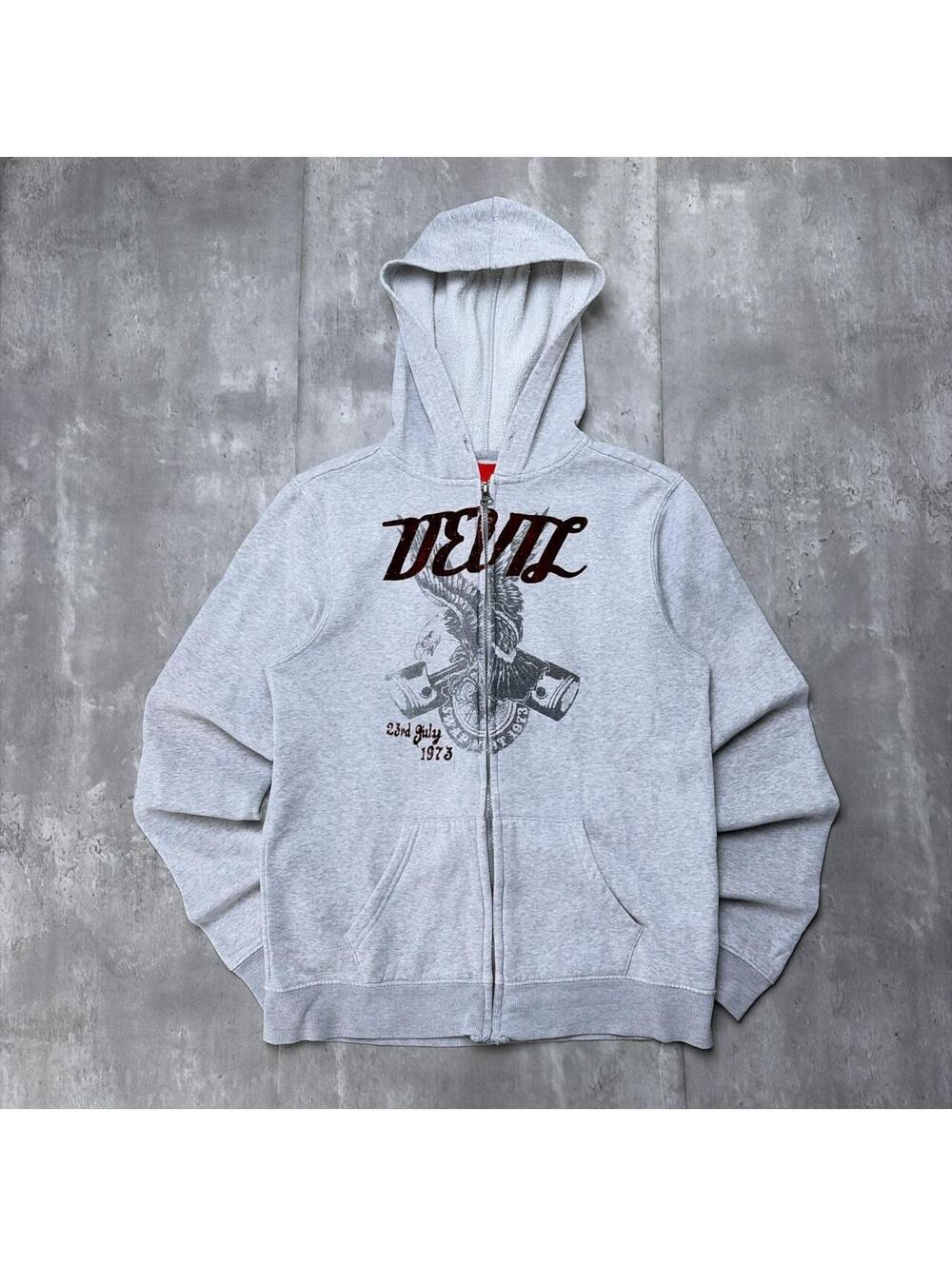 Y2K Grey Non Stop Devil Grunge Gothic Skater Zip Up Hoodie